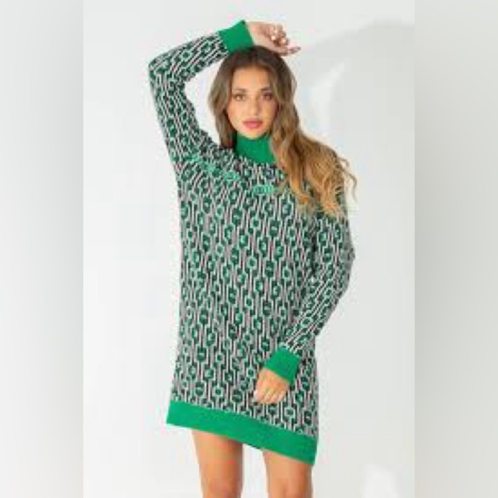 Jijil Green Patterned Knit Sweater Dress Wool Blend Chic Modern Sporty 40/M EU